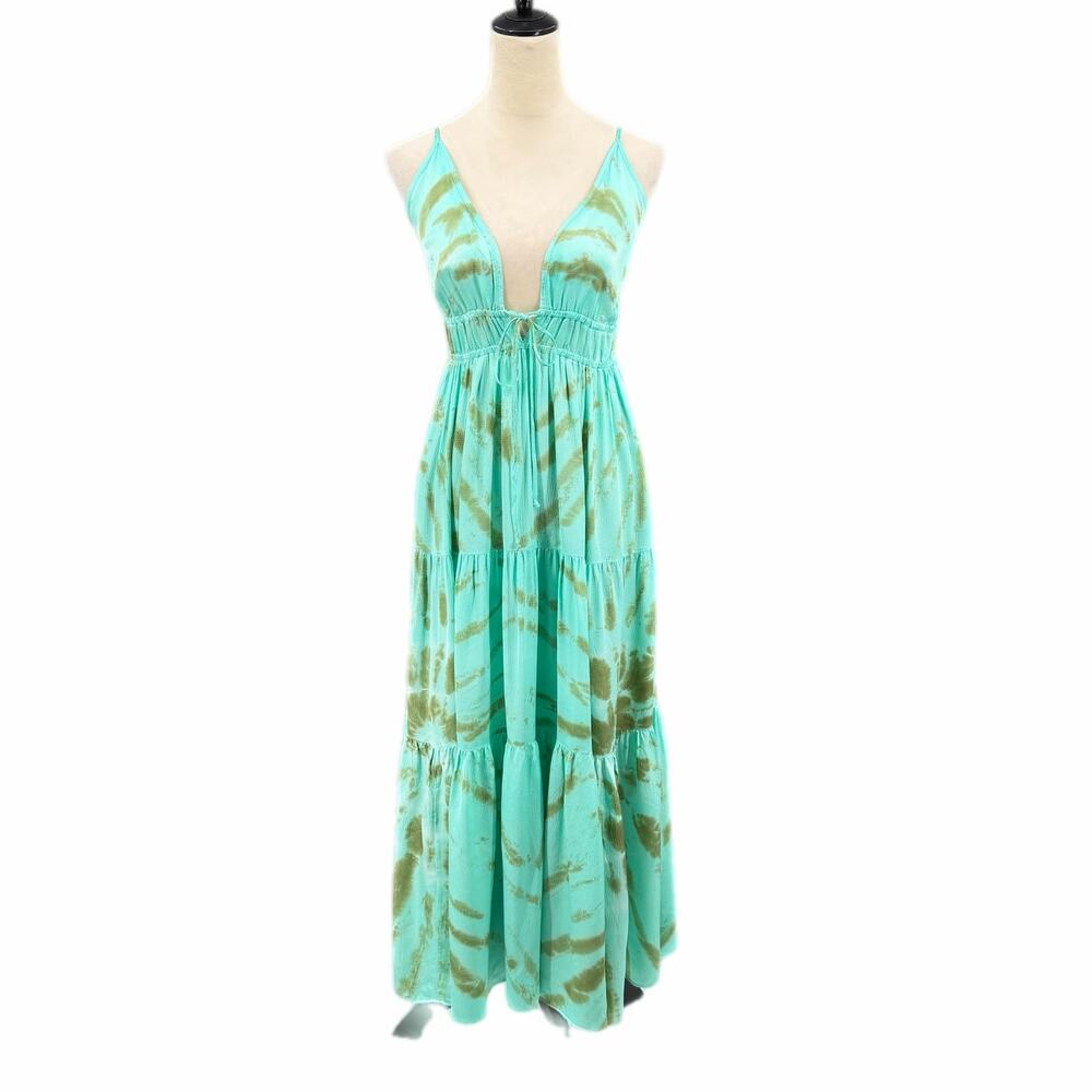 YFB Young Fabulous Broke Tie Dye Seafoam V-neck Sleeveless Front Tie Maxi Dress
